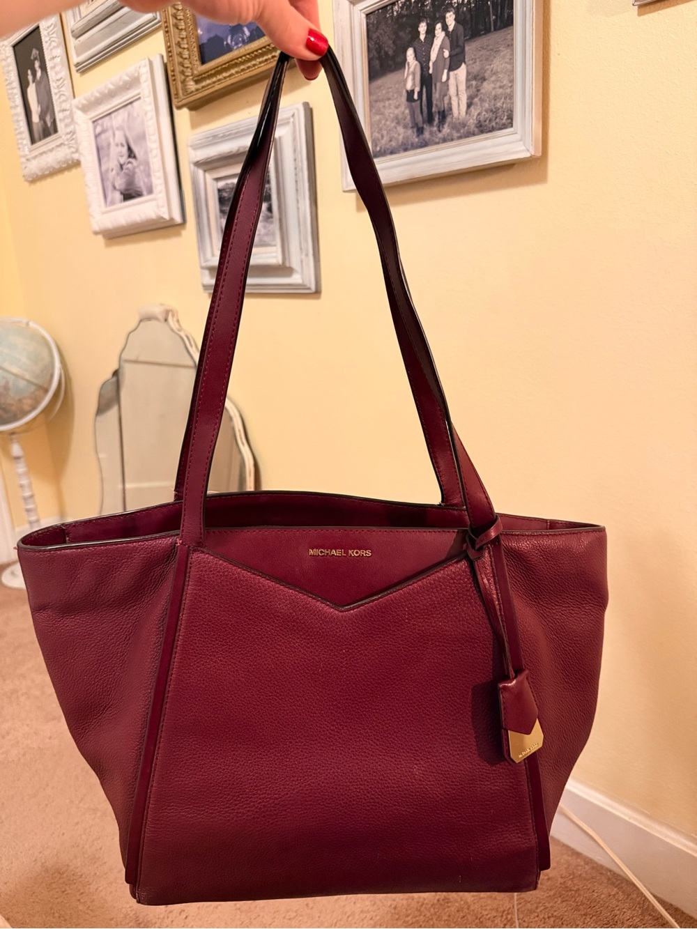 Michael Kors Wine Pebble Leather Tote with Gold Hardware